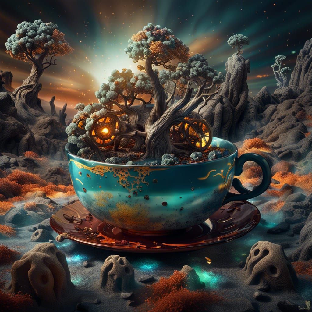 Surreal Tea Cup Landscape in Aetherpunk Style