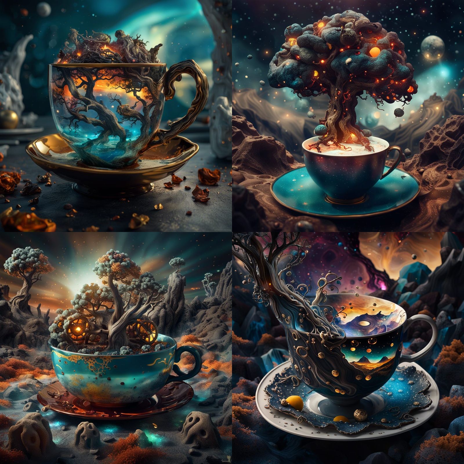 Ghibli Klimt Fusion: Surreal Dreamscape in a Teacup