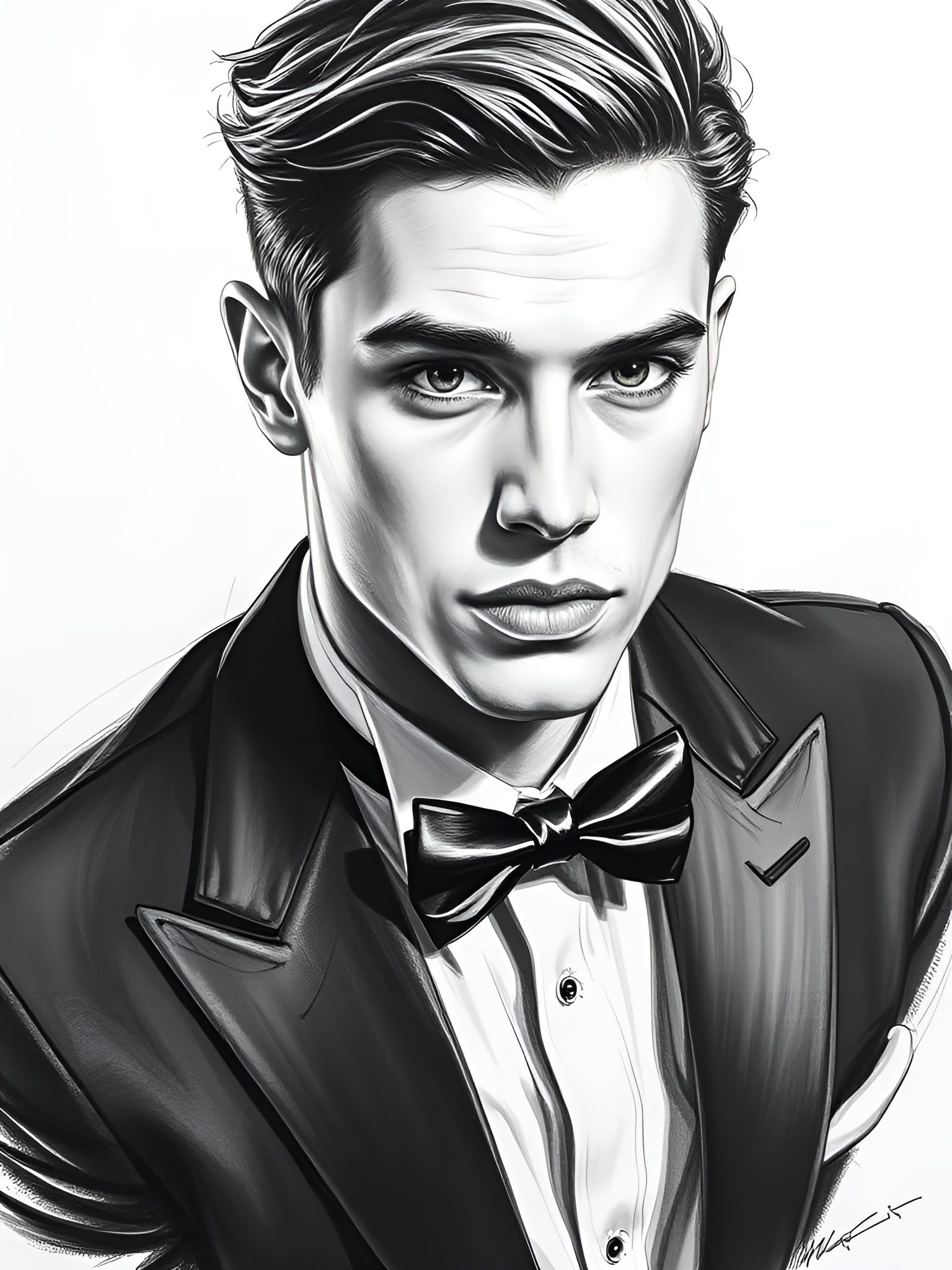 Charcoal Sketch Portrait of a Handsome Man in Tuxedo