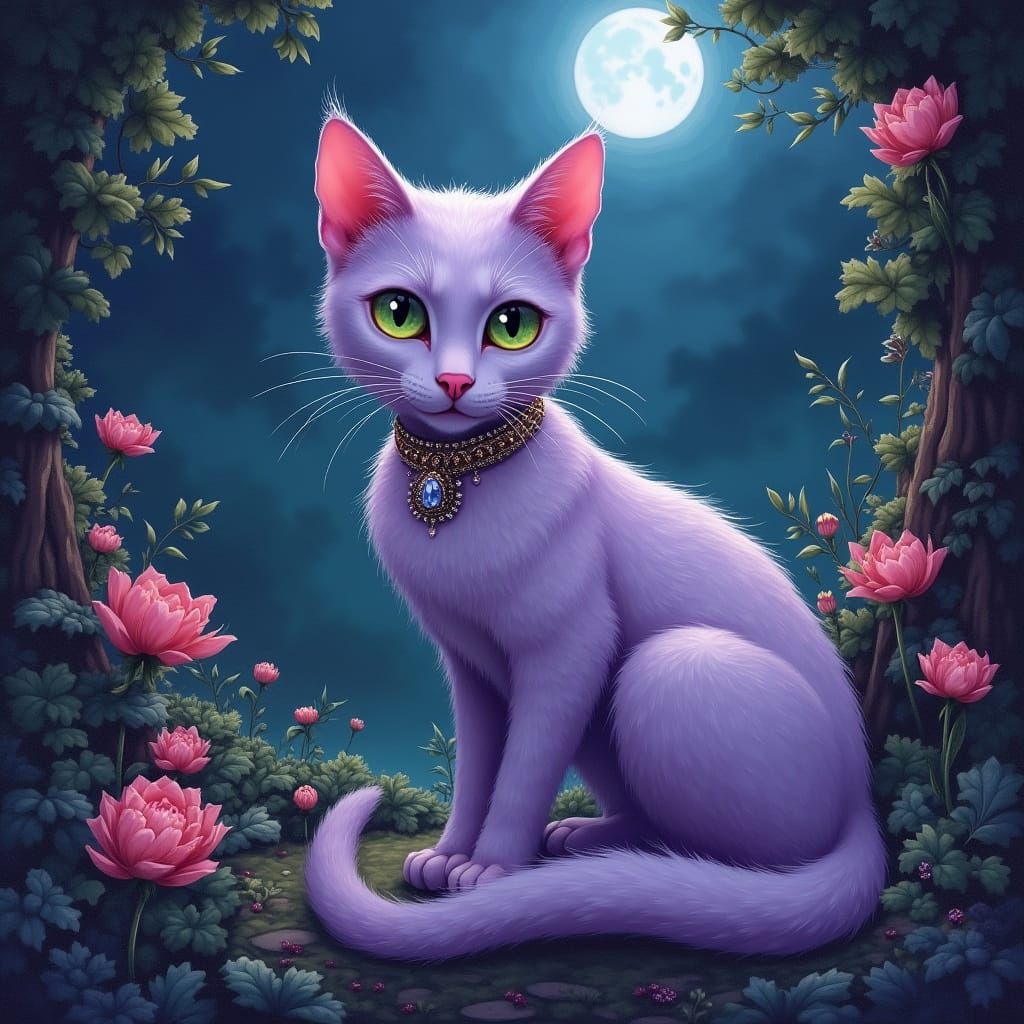 Regal Lavender Feline in Whimsical Moonlit Garden