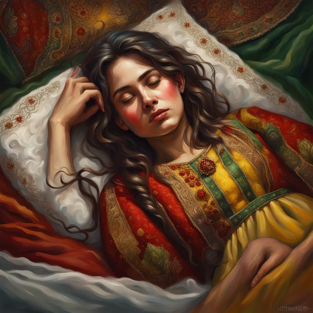 Sleeping Kurdish Girl Oil Painting in Detailed Matte Style