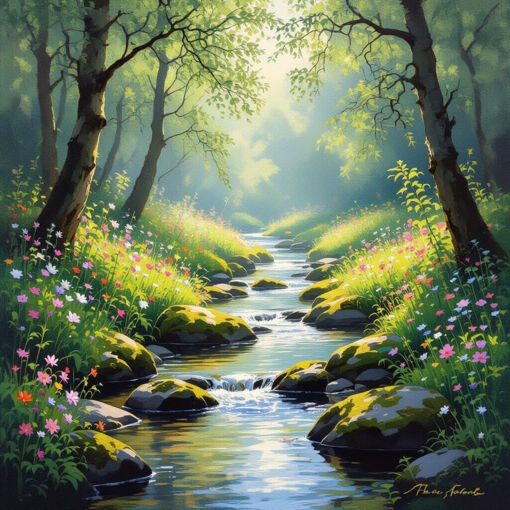 Sunlit Forest Glade with Stream in Impressionistic Style