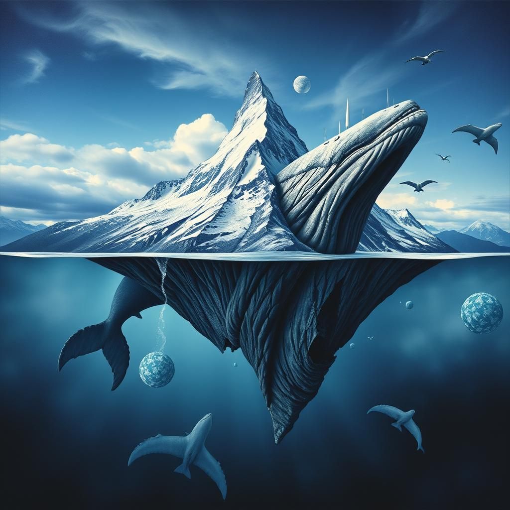 Whale Ascends Fractured Mountain in Surreal Landscape