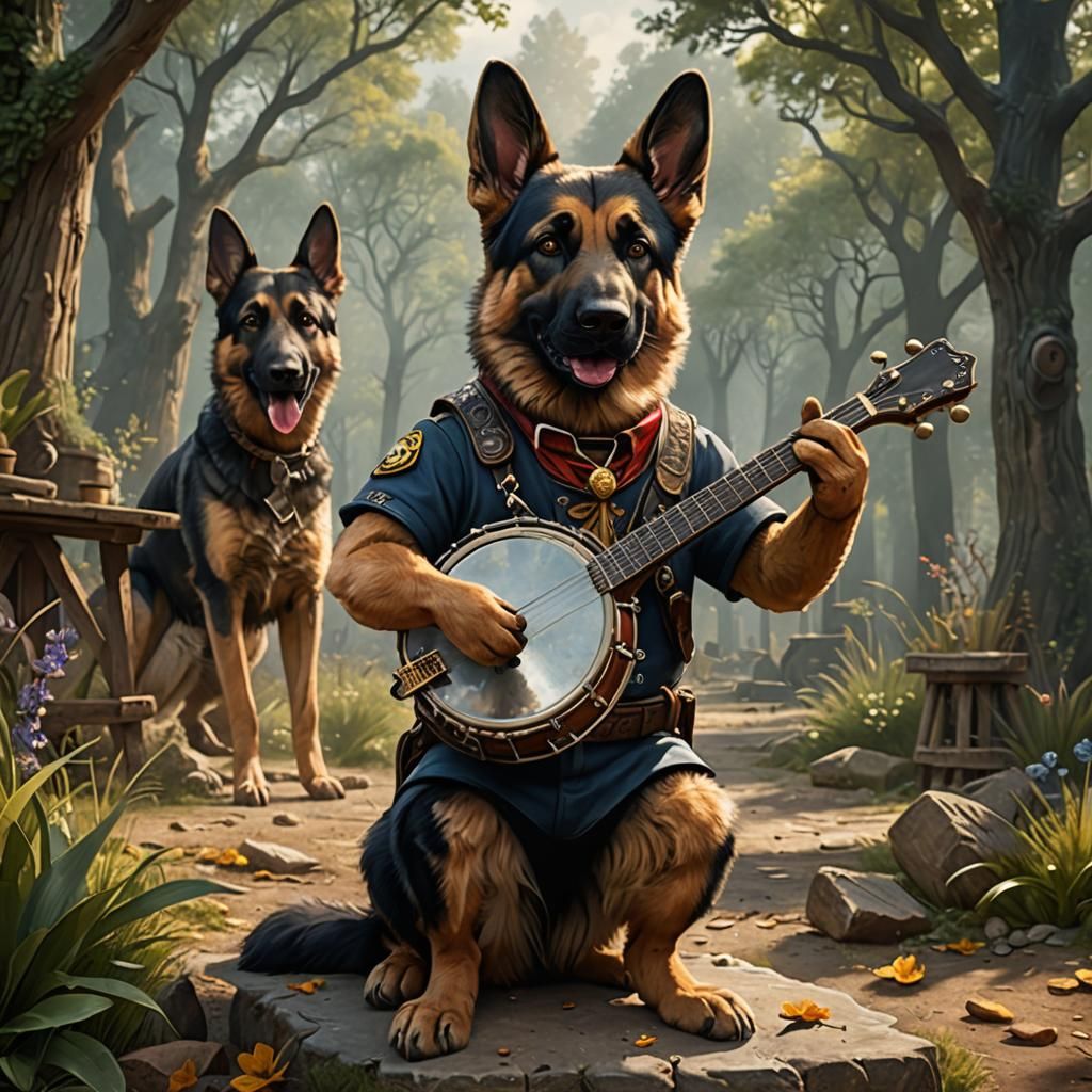 German Shepherd Plays Banjo: Detailed Matte Painting
