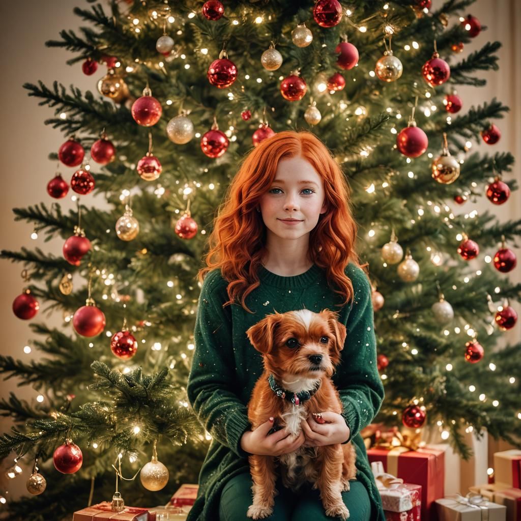 Girl with Dog Under Christmas Tree, Photorealistic Portrait