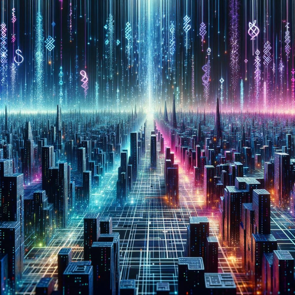 ASCII Cybernetic Cityscape with Neon Lights