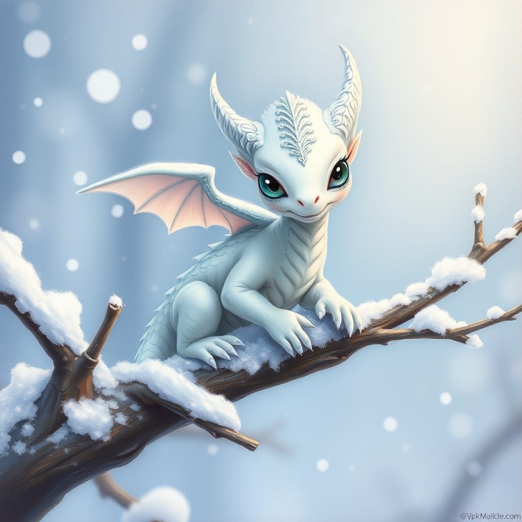 Whimsical White Dragon in Snowy Winter Wonderland
