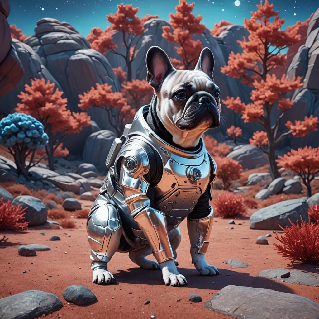 French Bulldog Astronaut on Alien Planet in 3D