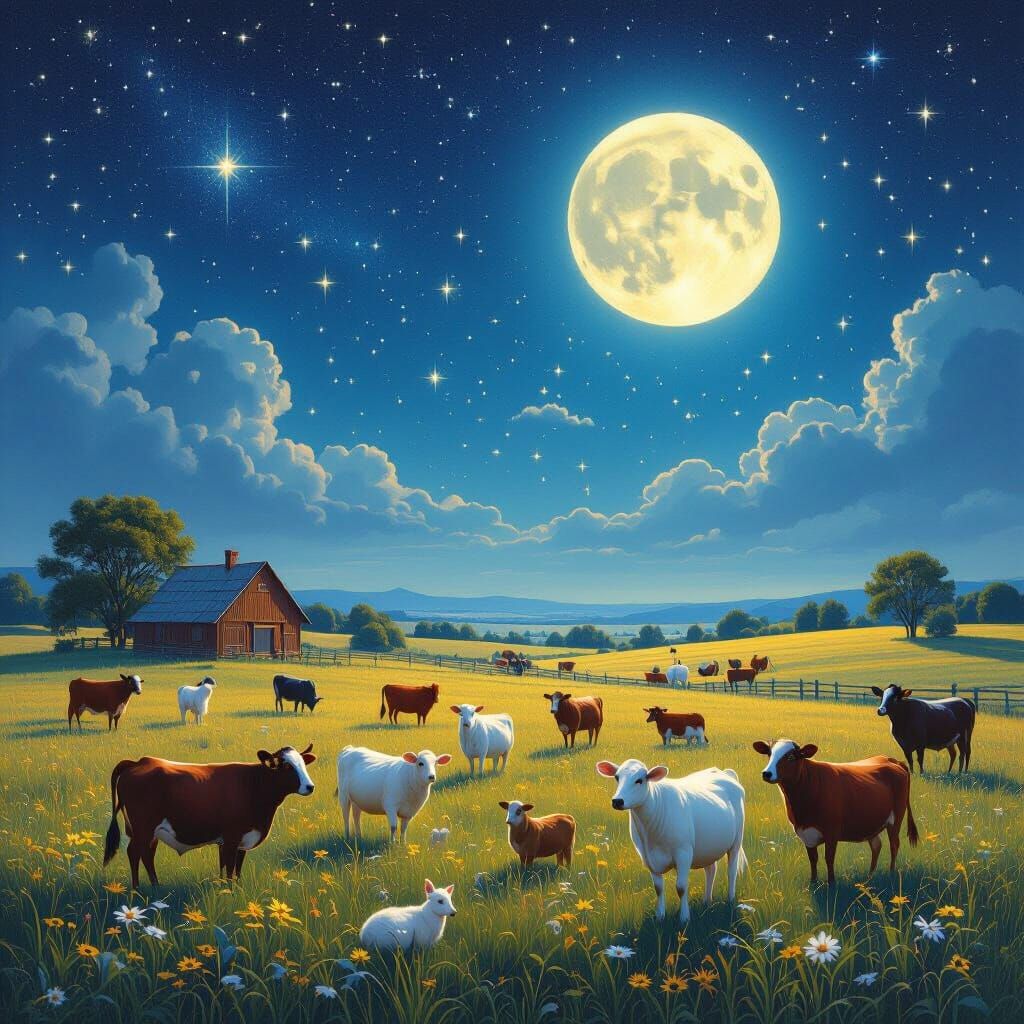 Farm Animals Under Starry Night Sky With Full Moon