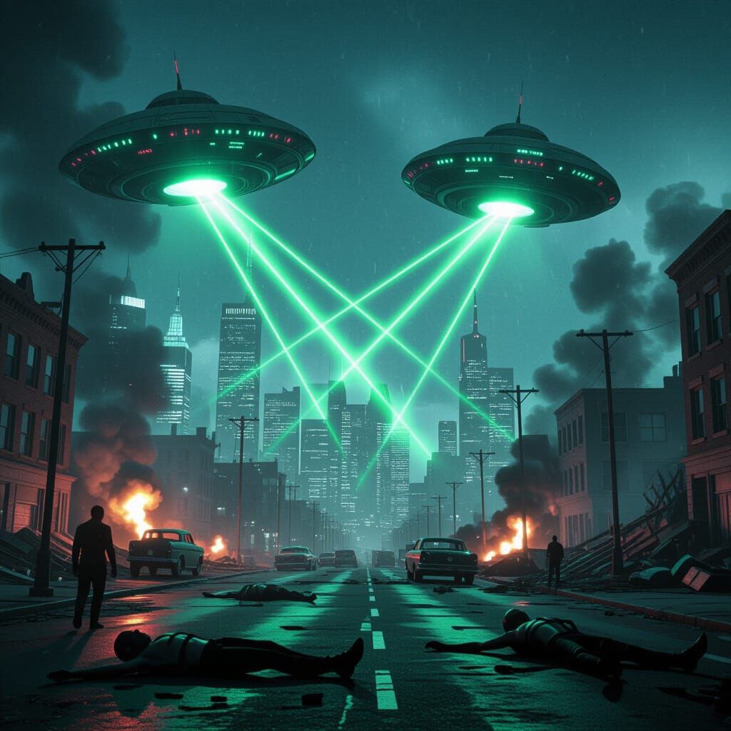 Alien Saucers Destroy Cityscape in Nighttime Apocalypse