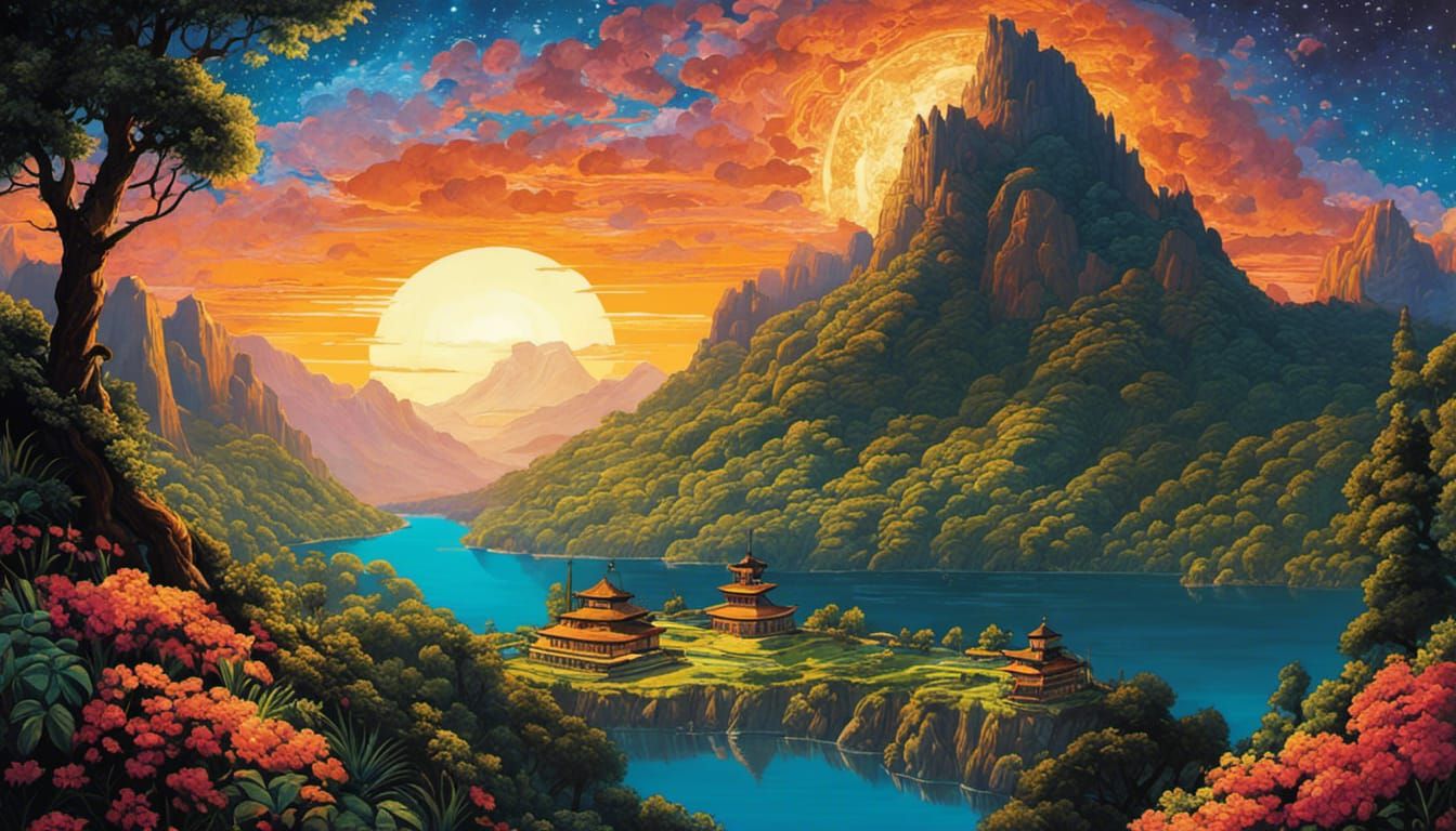 Cliffside Village in Space: Pointillist Oil Painting