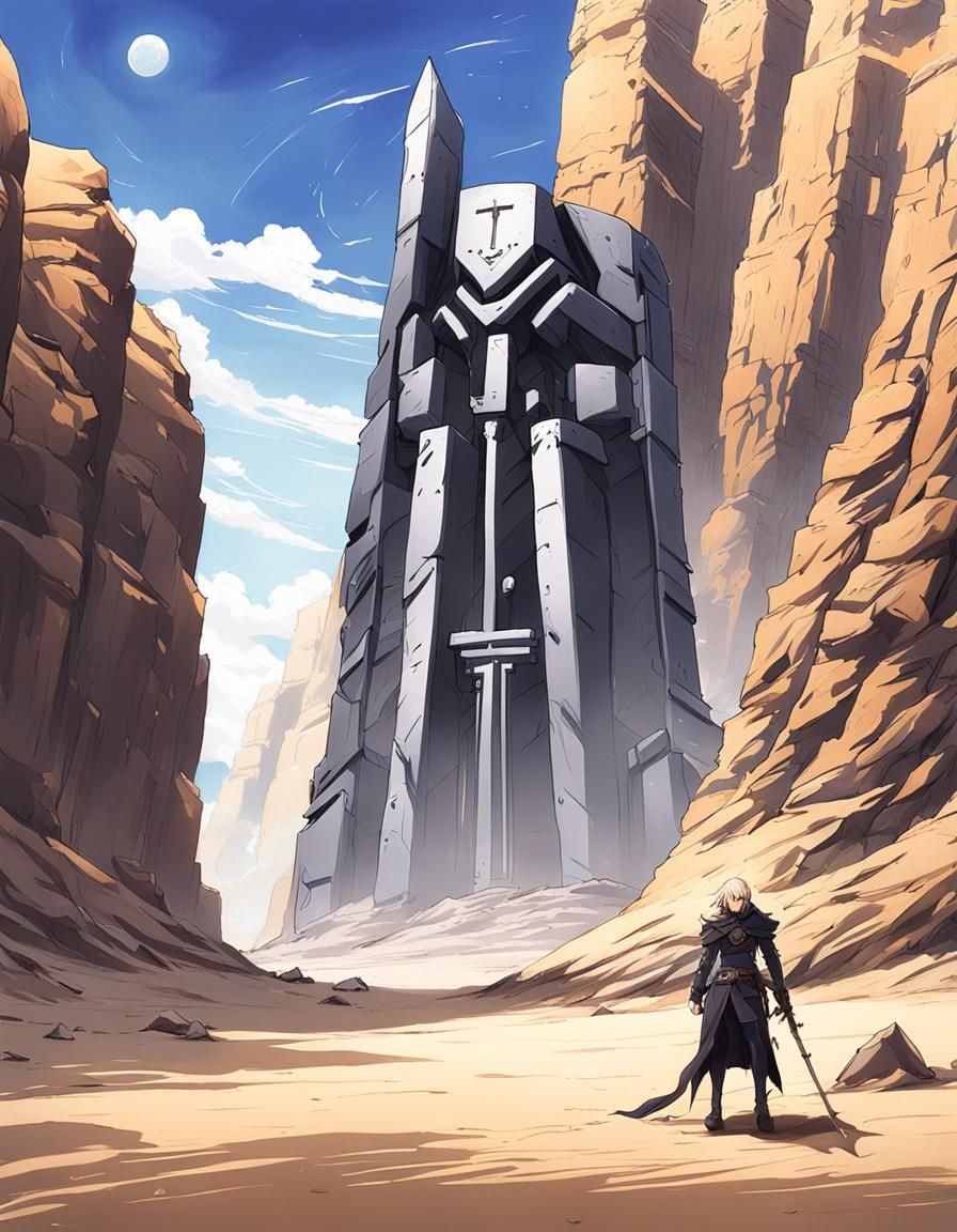 Anime-Style Monolith in Desert Landscape