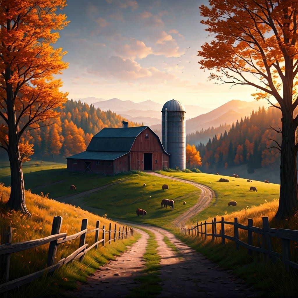 Farmhouse at Sunset: Autumn Landscape Painting
