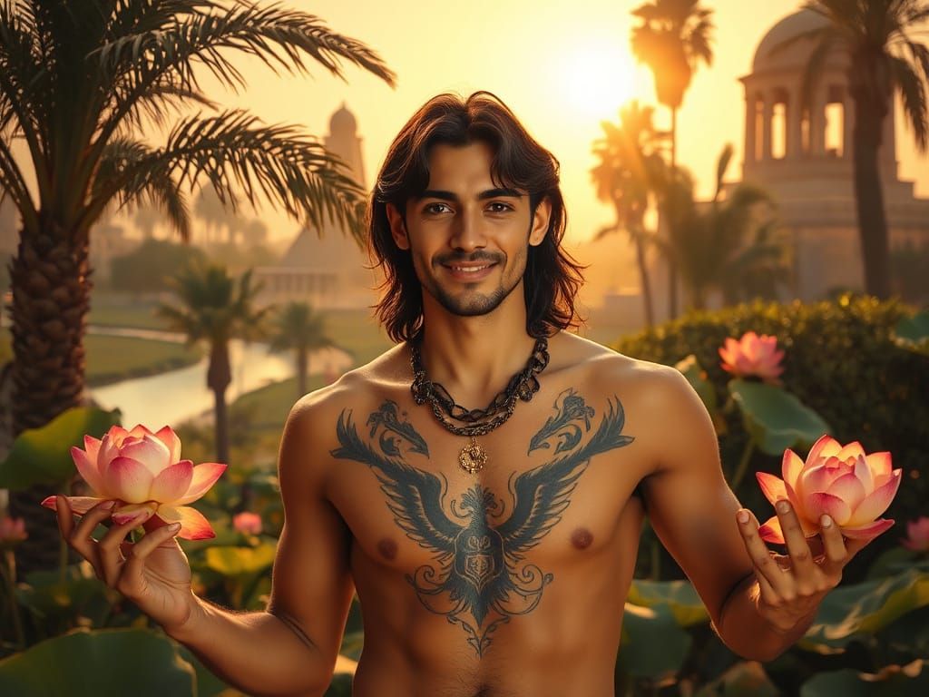 Egyptian Man in Lush Garden, Photorealistic Art