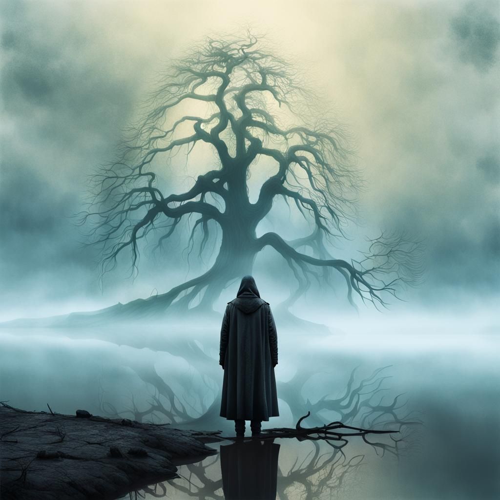 Surreal Figure in Desolate Lakeside Landscape with Twisted T...