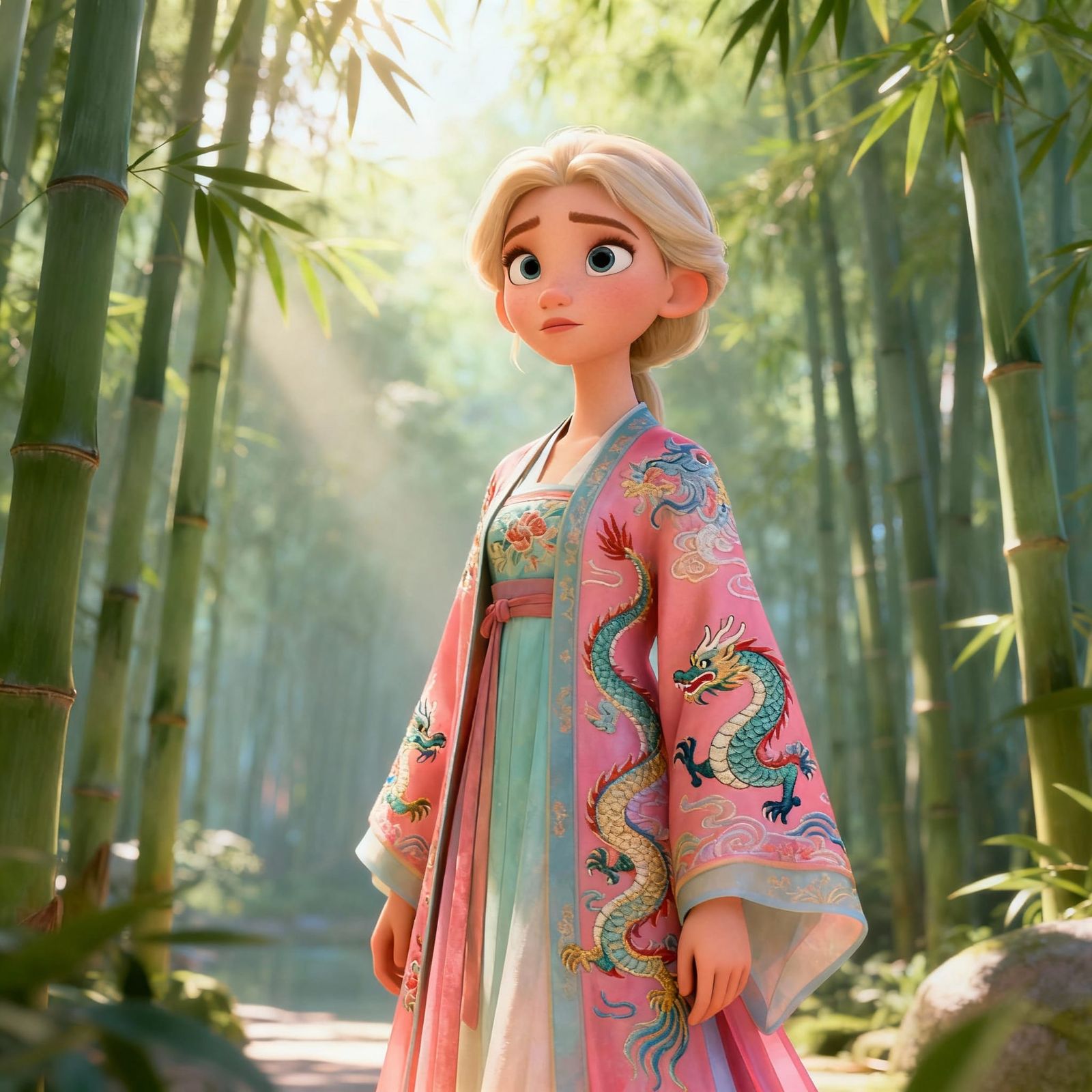 Pixar Style Hanfu Lady in Bamboo Forest