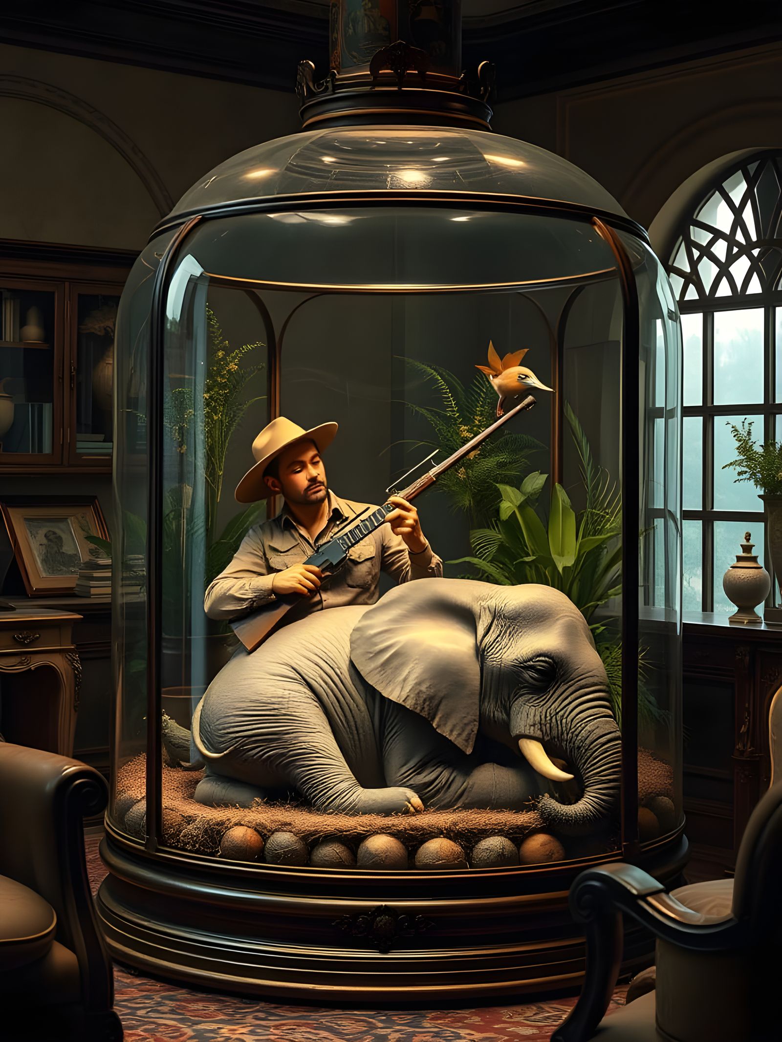 Safari Hunter in Terrarium with Sleeping Elephant