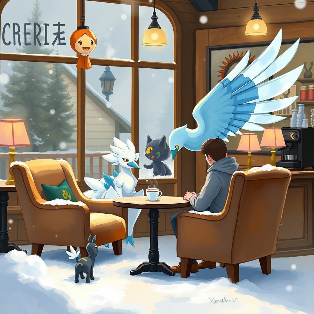 Majestic Ice-type Pokémon Sits with Trainer in Cozy Snowy Ca...