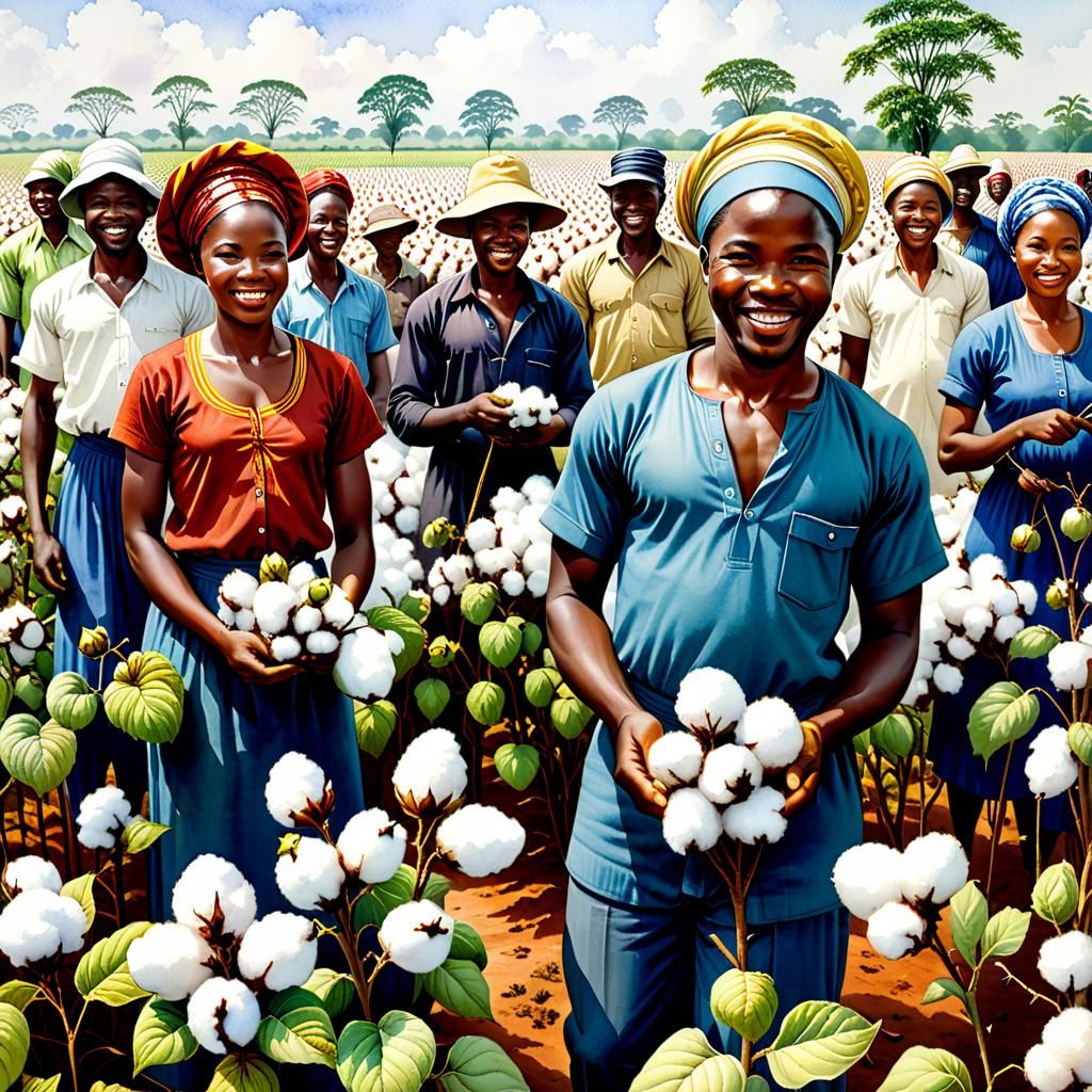 Benin Cotton Farm: Watercolor Scene of Happy Workers