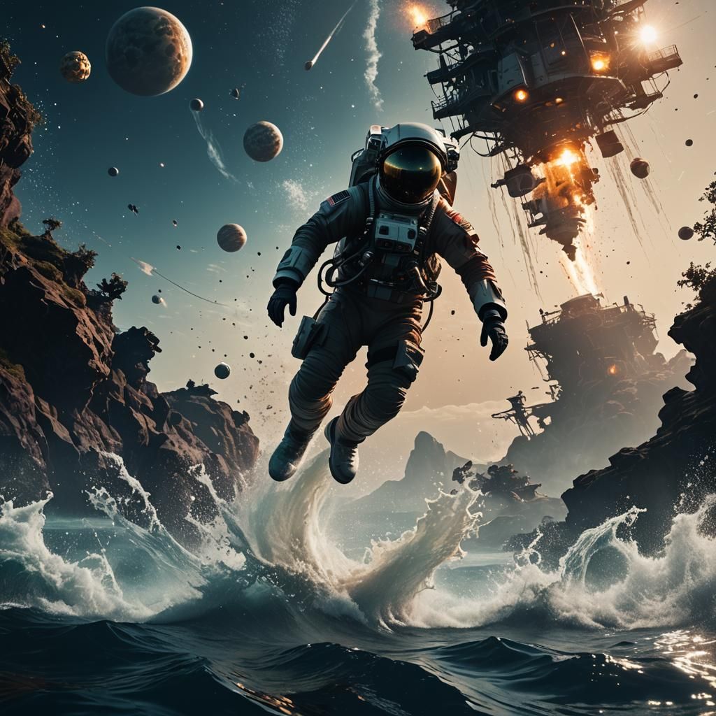 Astronaut's Seascape Landing: Detailed Fantasy Art