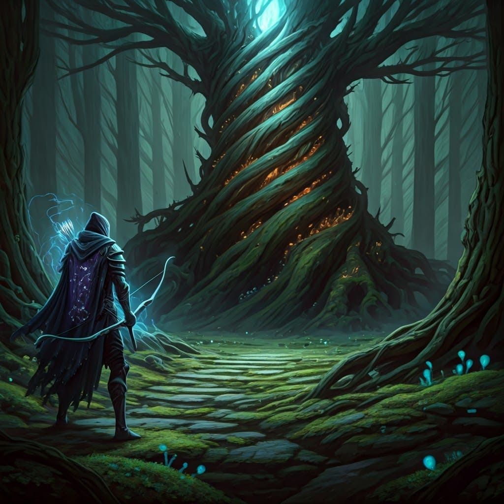 Spectral Elven Archer Stands Guard Before Glowing Tree in Ha...