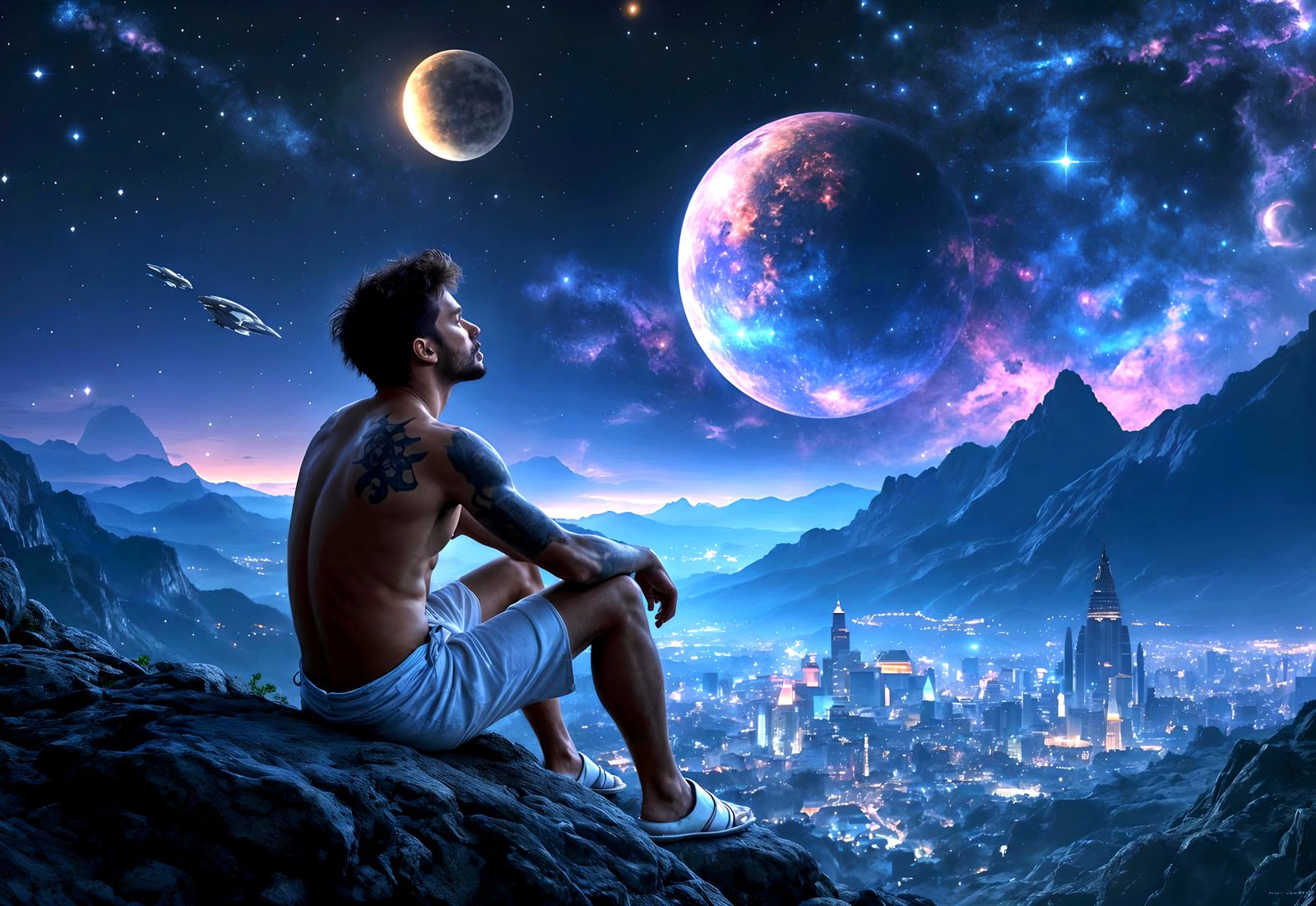 Sci-Fi Tattooed Man Gazing at Alien Metropolis