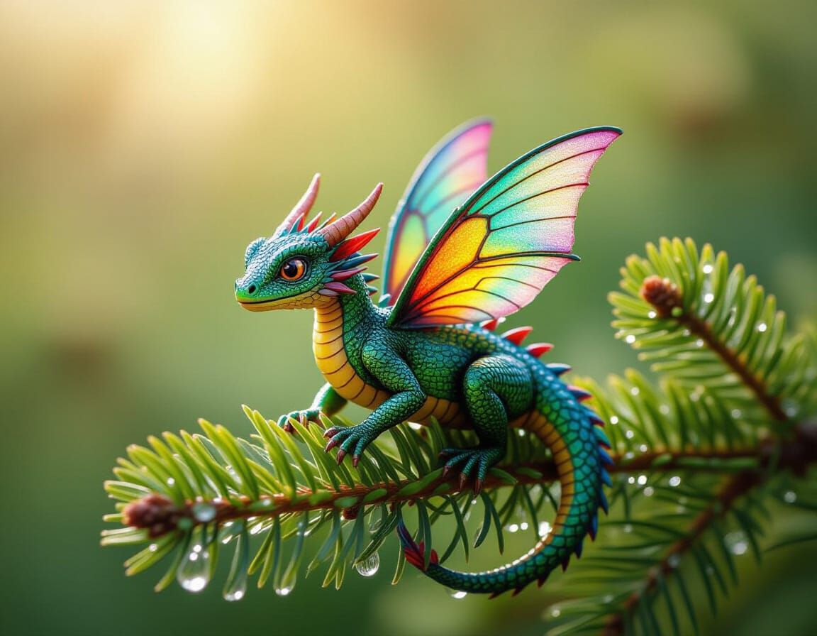 Rainbow Dragon on Pine: Macro Fantasy Photography