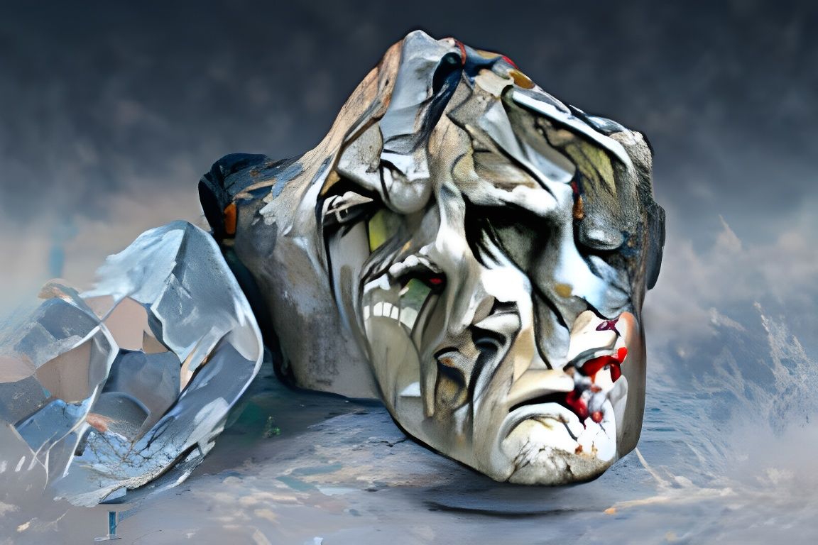 Sinister Broken Stone Face Statue