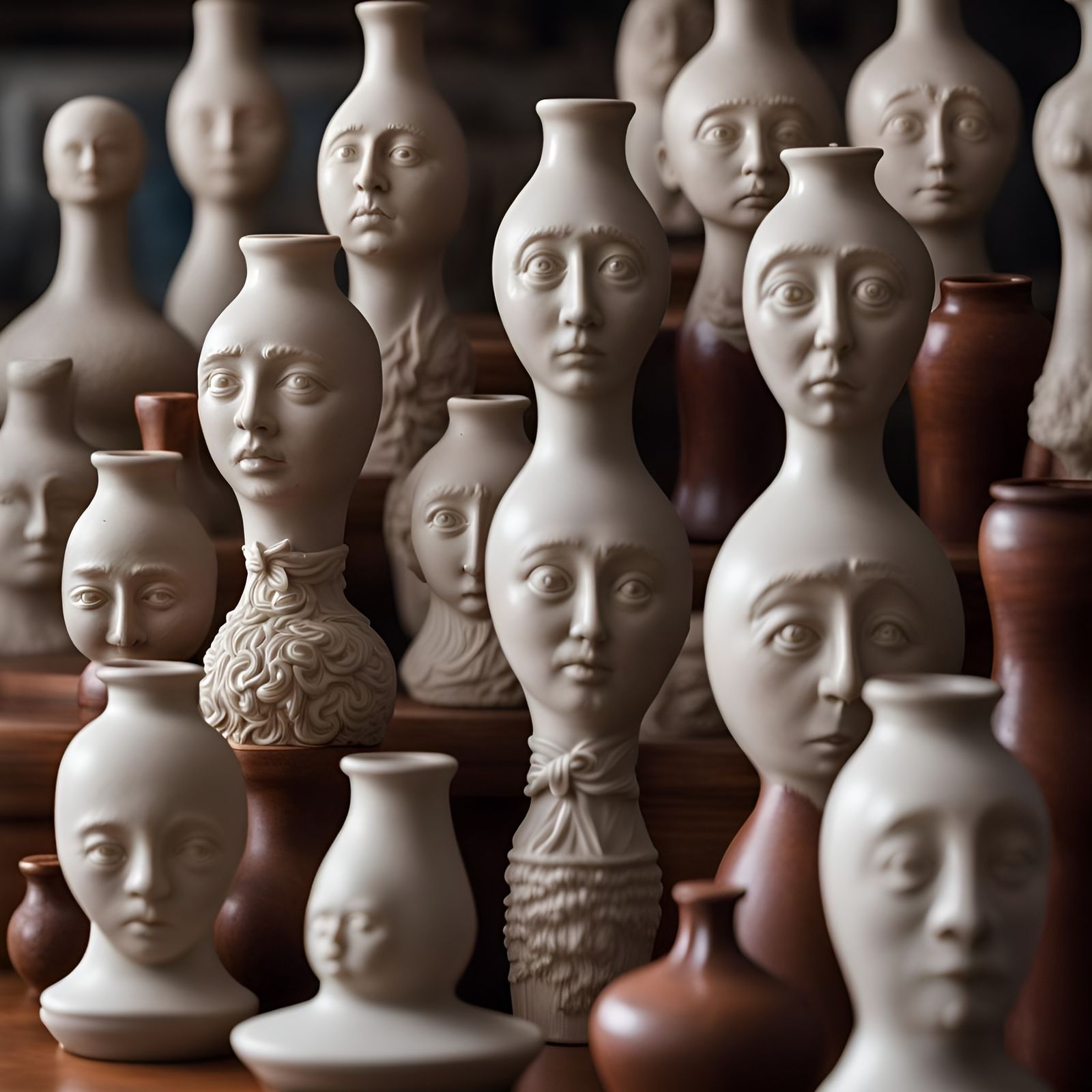 Hyper-detailed photorealistic ceramic bud vases with odd faces....