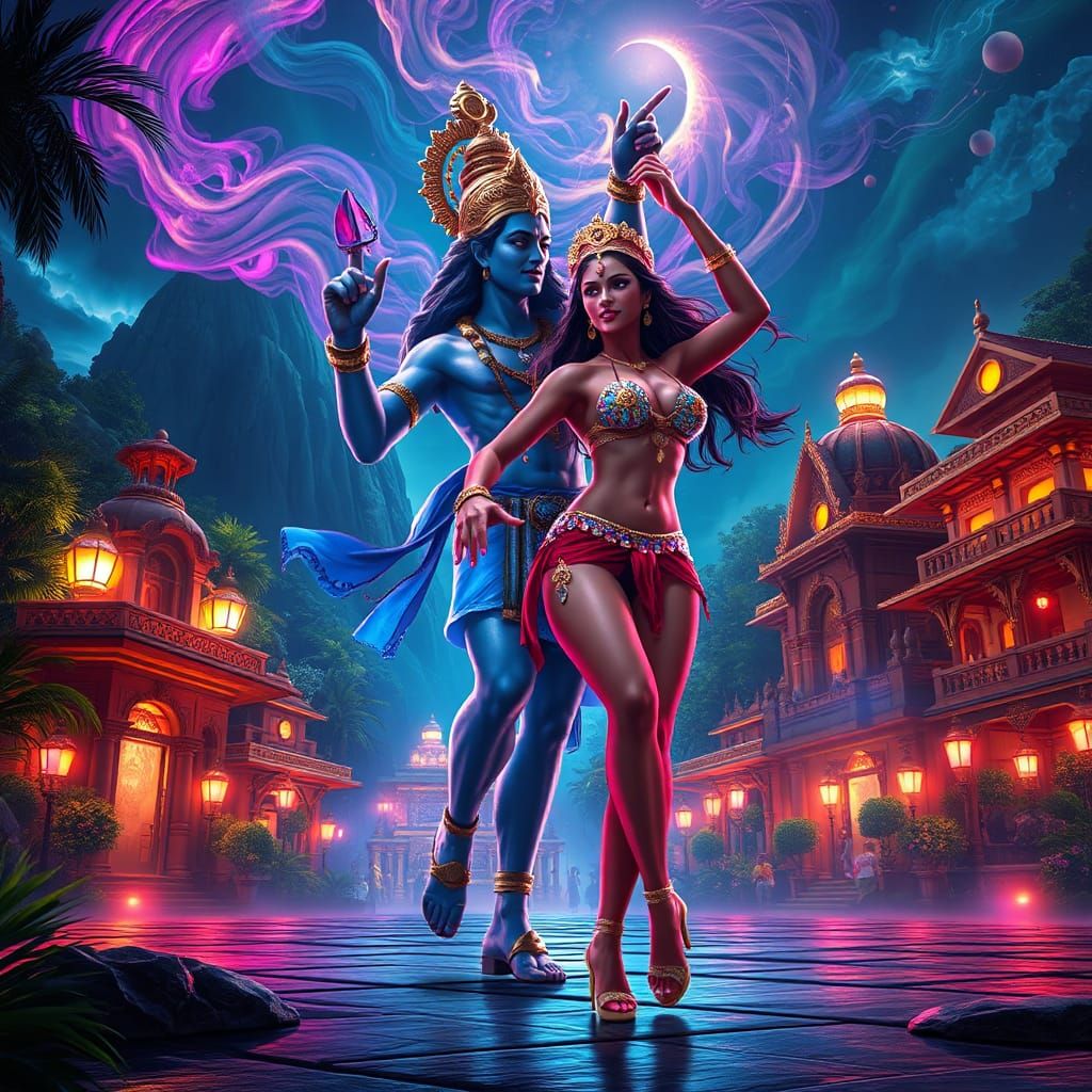Vishnu and Indian Woman Dance in Mount Meru Town