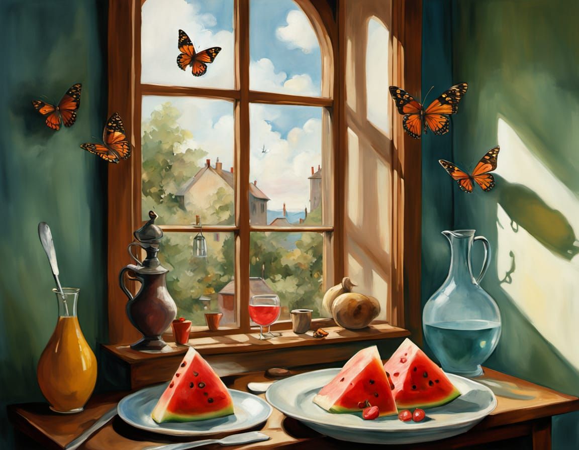 Mysterious Figure Leering Through Window, Gouache Watercolor