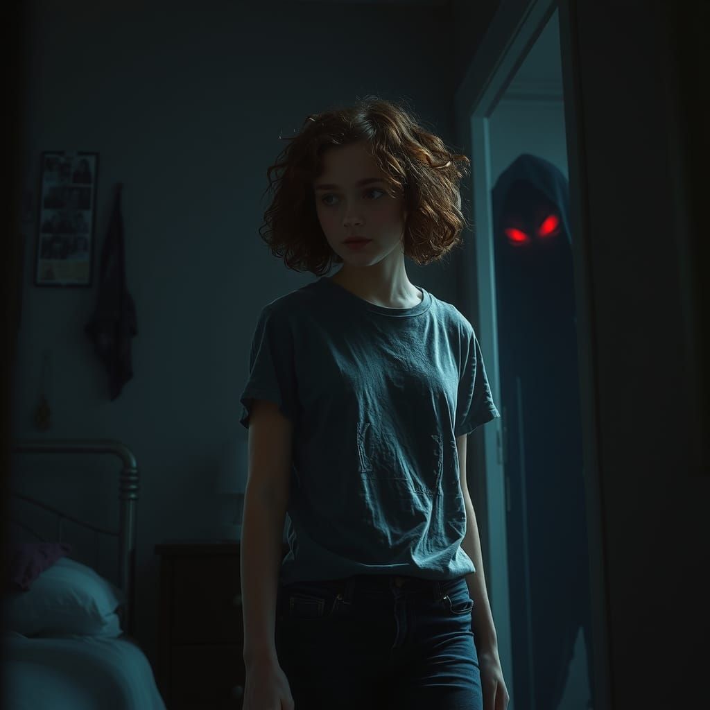 Eerie Bedroom Encounter in Surreal Style