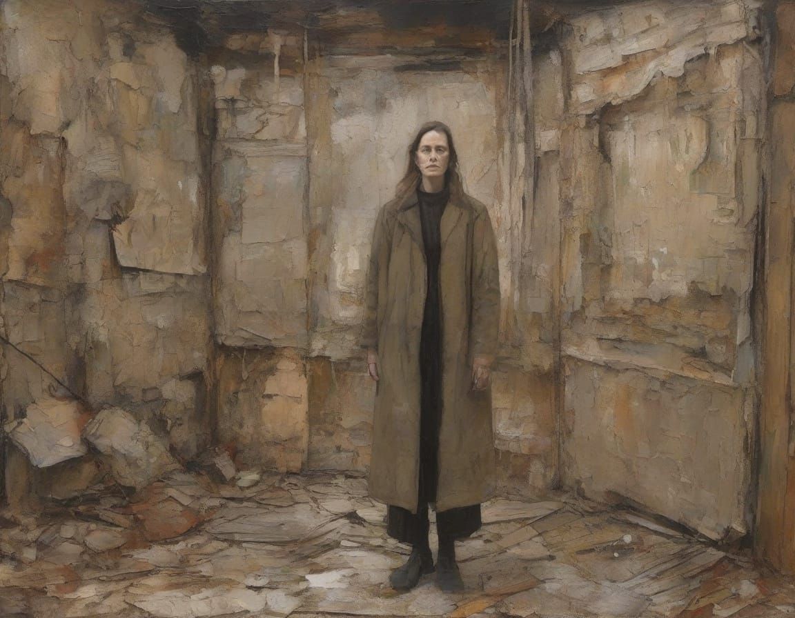 Woman in Tattered Coat: Monumental Impasto Artwork