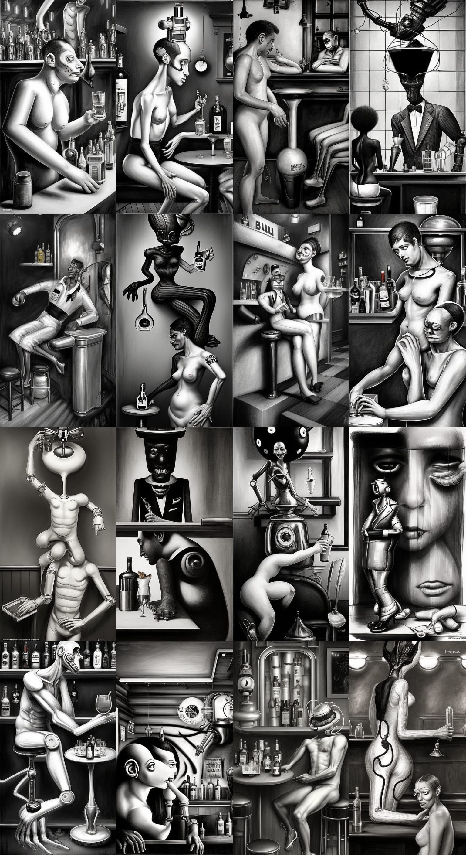 Monochrome Bar Scene with Robot, Photorealistic Style