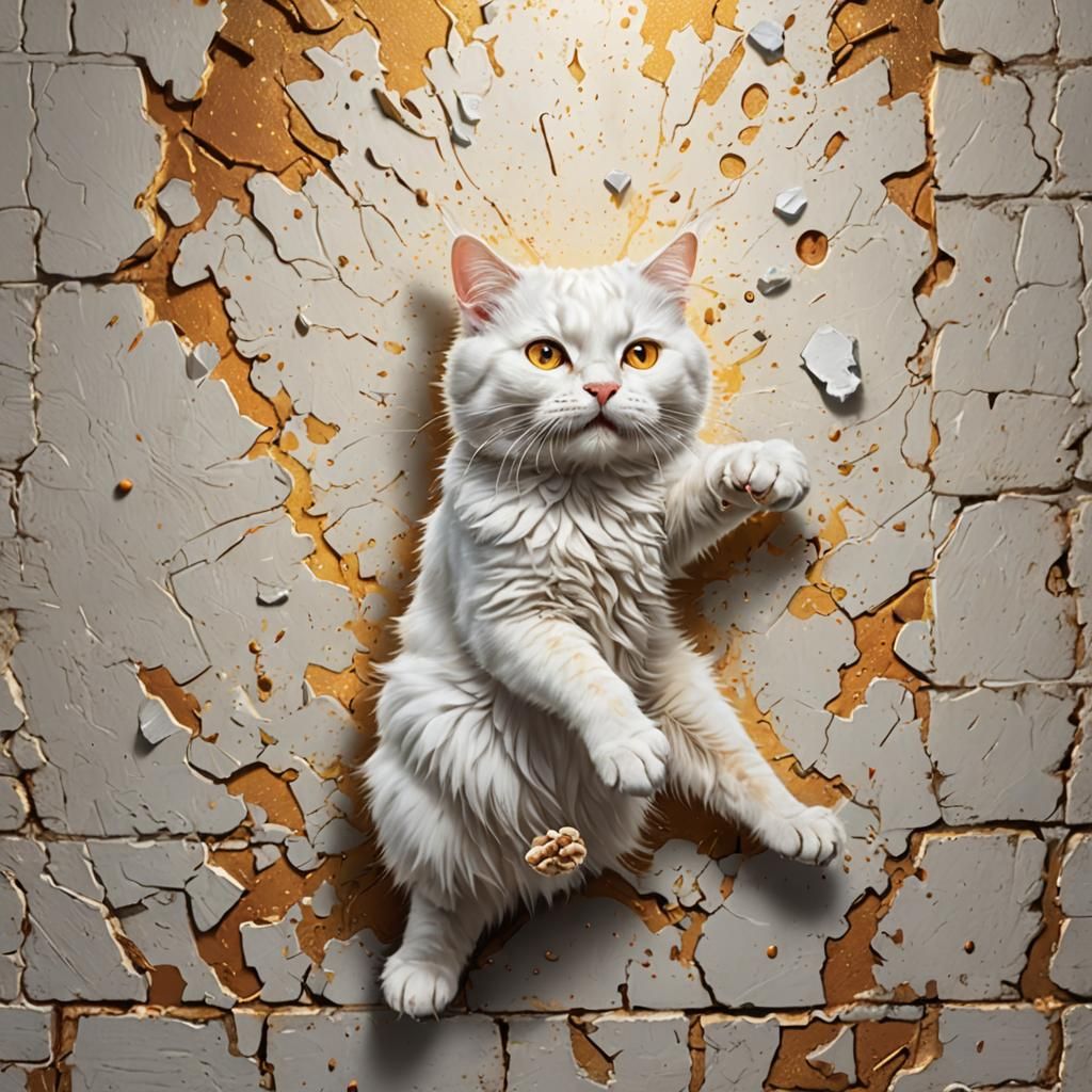 Cat's Wall Crash: Hyperrealistic Digital Art
