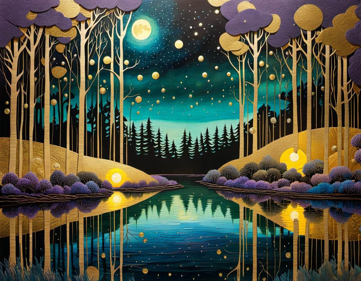 Golden Forest Reflection in Mixed-Media Collage