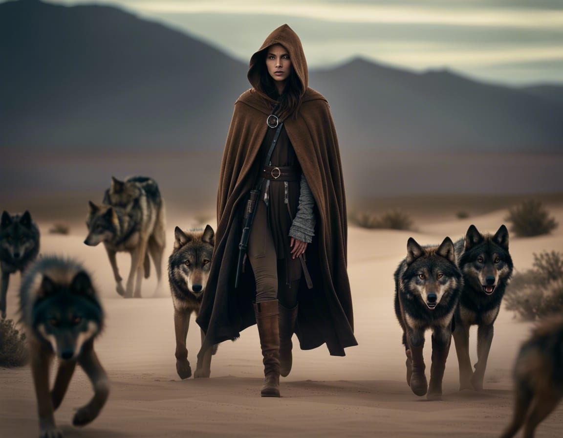 A woman dressed in cloak hooded leather boots walks in the desert confidently alongside a pack of calm and confident wol...