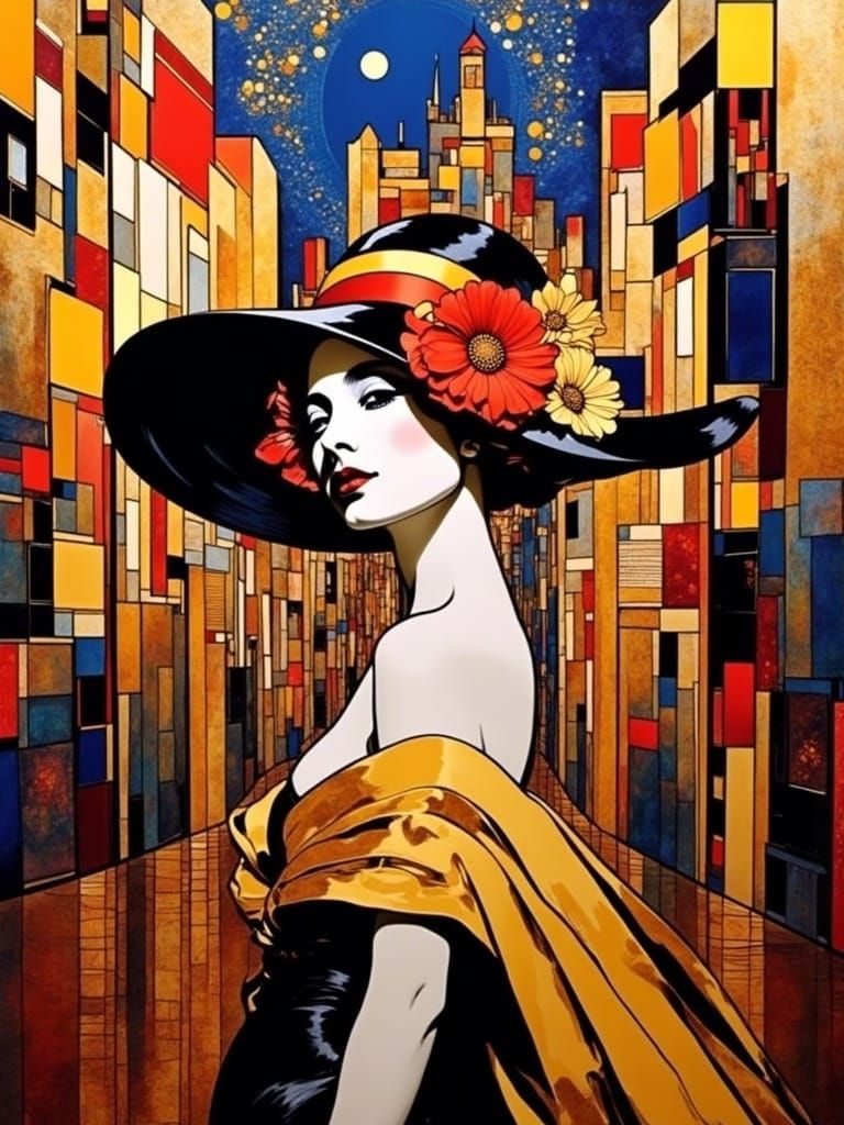 Art Deco Metropolis with Geometric and Psychedelic Elements