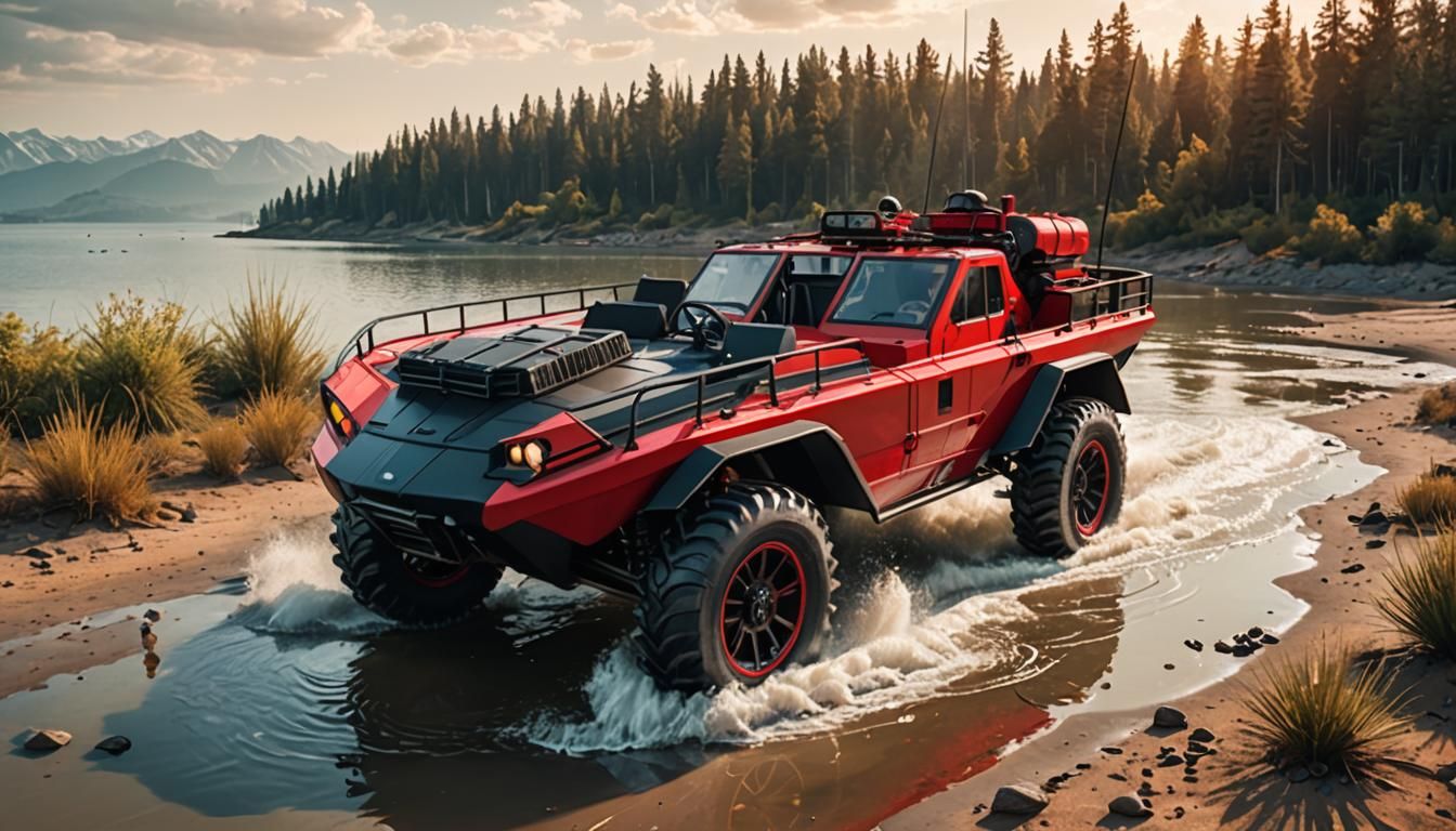 Futuristic Military Amphibious Vehicle, Hyperrealistic Comic...