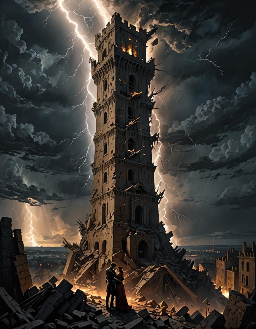 Tower Collapse: Couple's Embrace in Apocalyptic Setting
