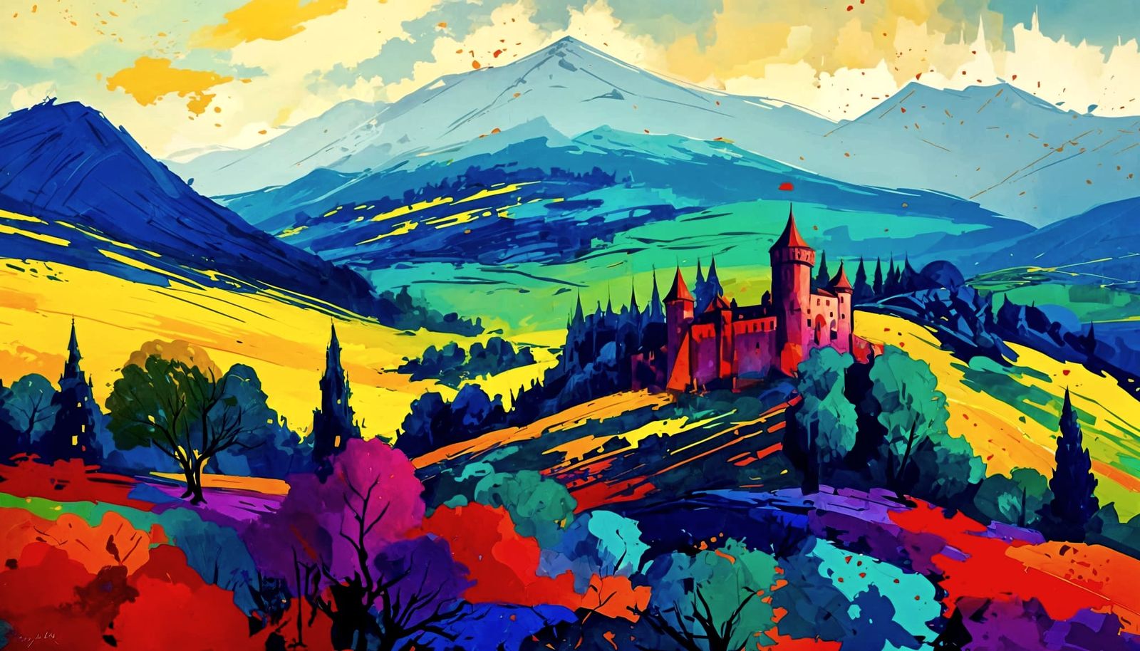 Abstract Castle Landscape in Pollock Style