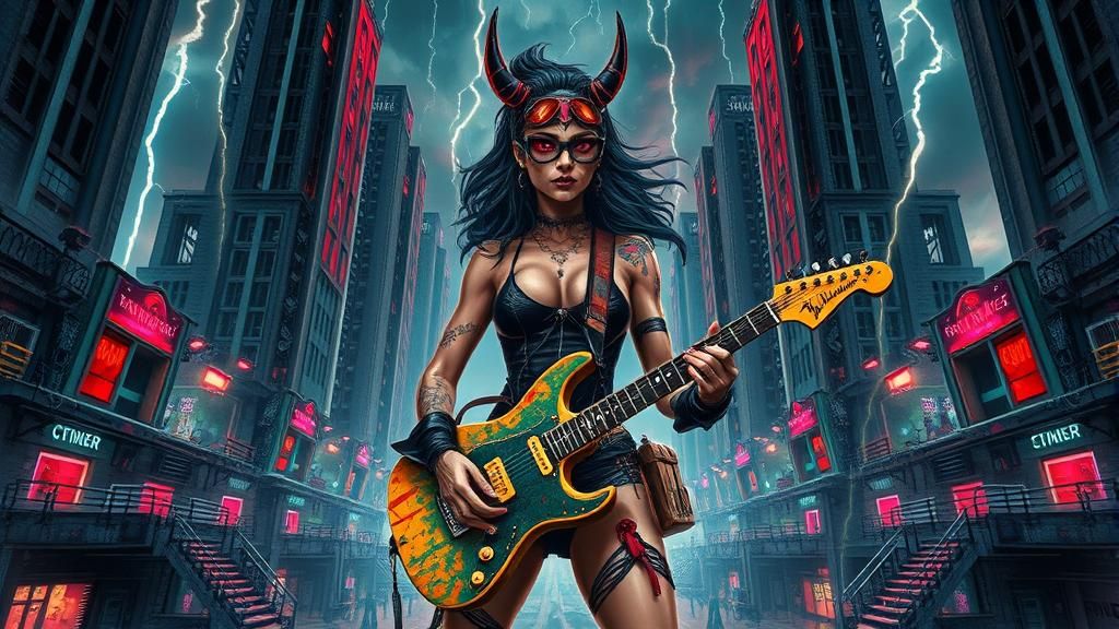 Cyberpunk Warrior Queen's Thunderous Guitar Solo