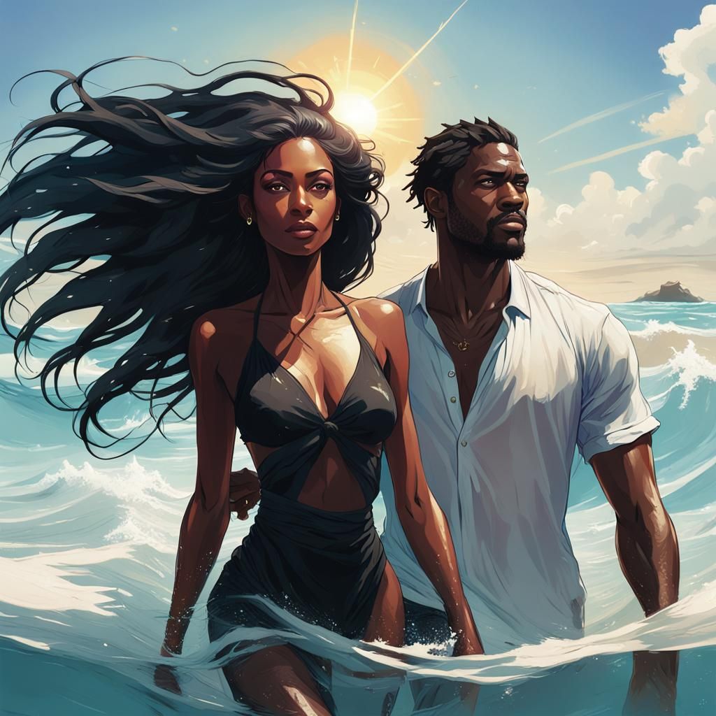 Black Woman Emerging from Maldives Ocean, Hyperdetailed Port...