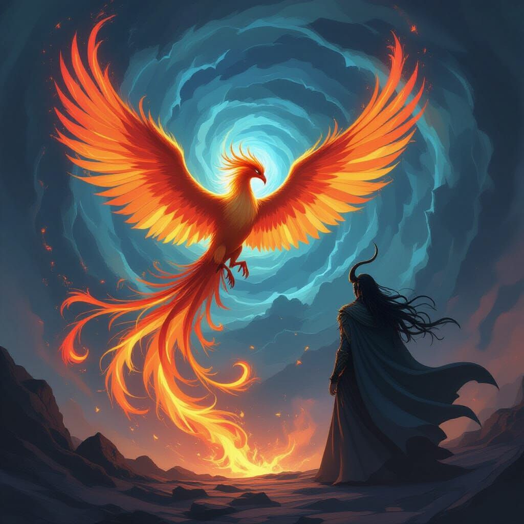 Mythical Phoenix Battles Demon Lord in Cosmic Vortex