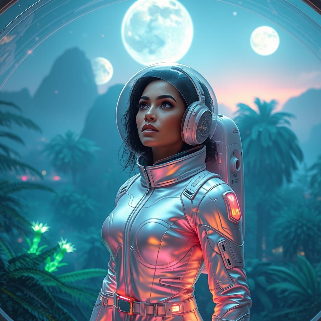 Regal Latina Space Explorer in Lush Alien Jungle