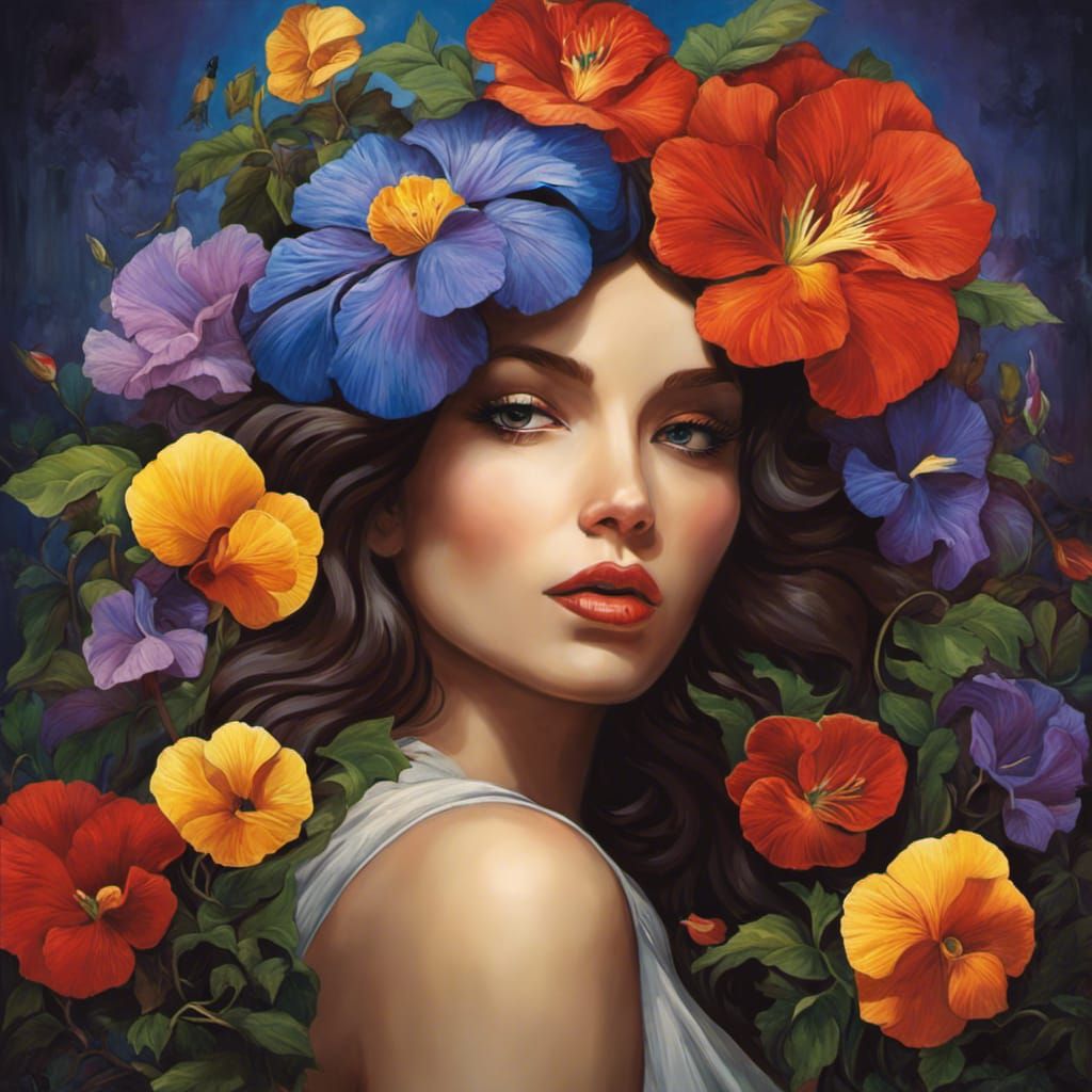 Woman with Pansies, Art Nouveau Style