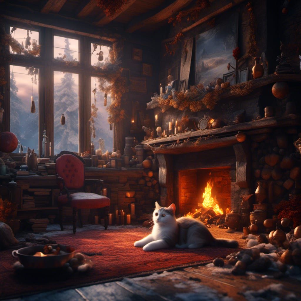 Winter Cat Nap by Fireplace: Detailed Matte Painting
