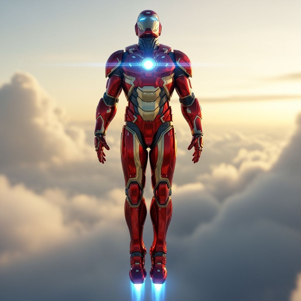 Futuristic Armored Hero Soaring Through Clouds