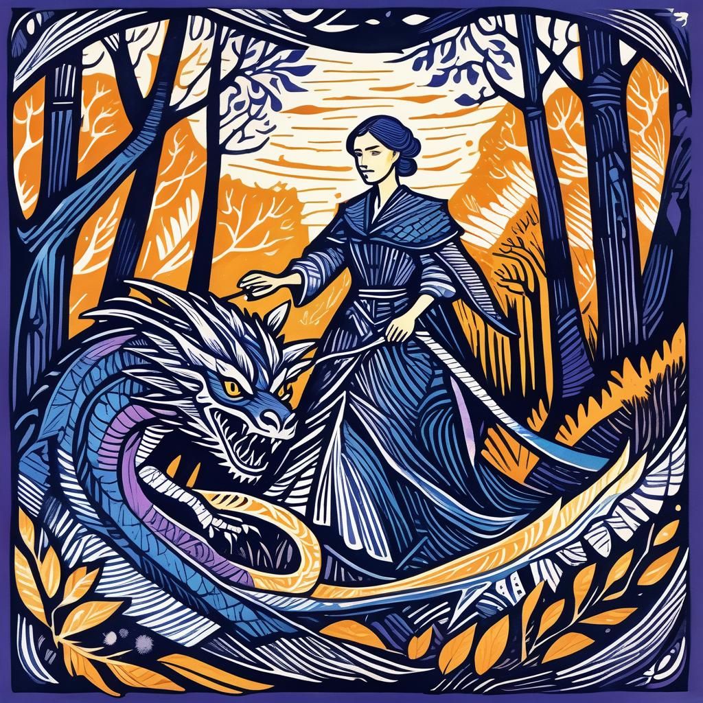 Woman Walking Wyvern: Dark Academia Digital Art