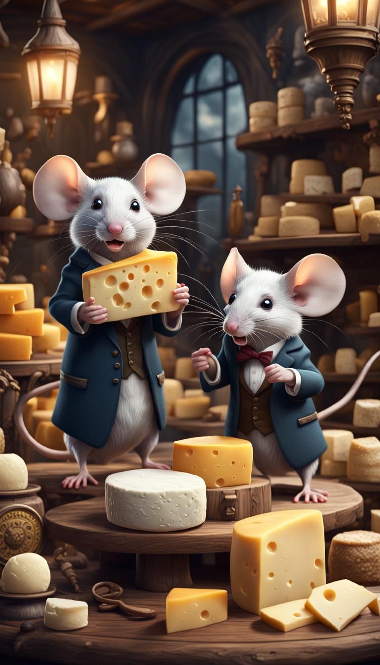 Mice Business Owners Selling Cheese: Detailed Digital Painti...